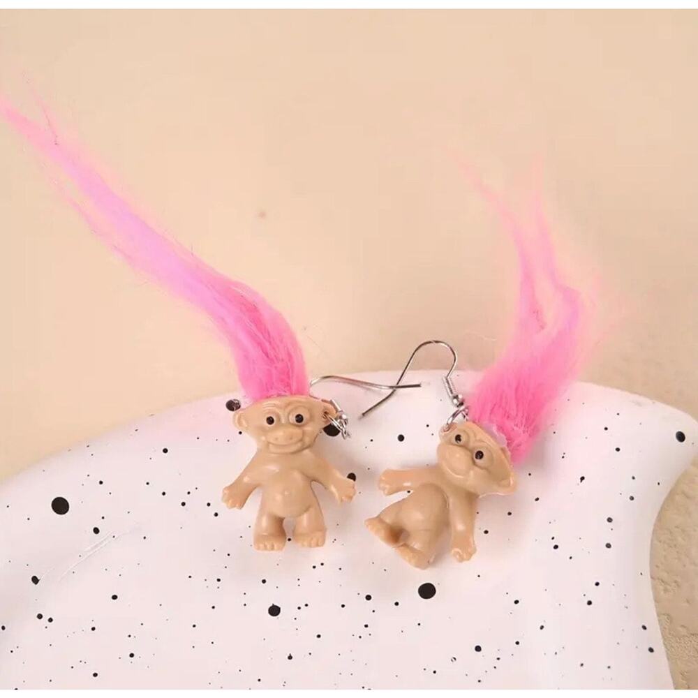 90’s Childhood Memories Trolls Pink Hair Dangle Hook Earrings